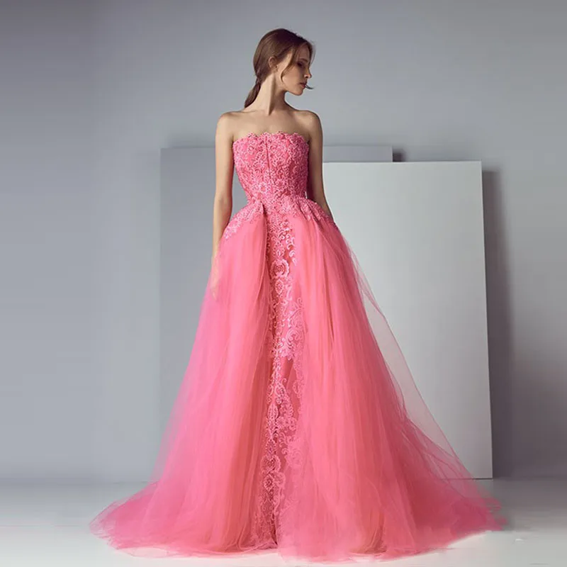 Haute Couture с плеча Длинные Пром платья без бретелек Кружево аппликация вечернее gonws с Тюль Поезд официальная Вечеринка платье