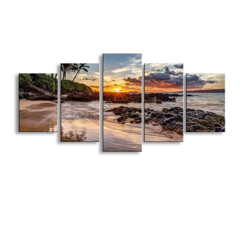 

5 pieces high-definition print beach landscape canvas oil painting poster and wall art living room picture PL5-225