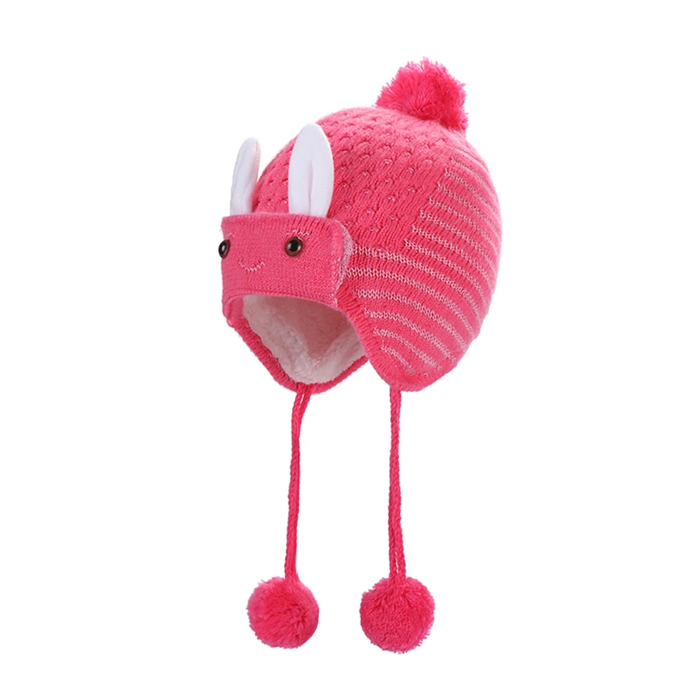 watermelon pink Droppshiping/Детская Зимняя Теплая Вязаная Шапка-бини с милым кроличьим декором, шапка с шариками для волос BFJ55 - Цвет: watermelon pink