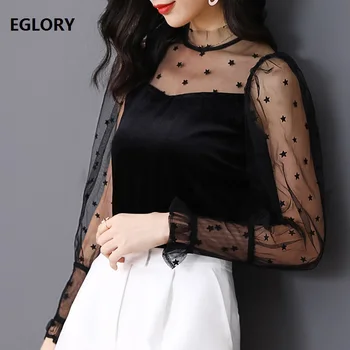 

Black Tops 2019 Spring Summer Fashion Sexy Blouse Women Tull Mesh Patchwork Long Sleeve Casual Party Blouses High Quality