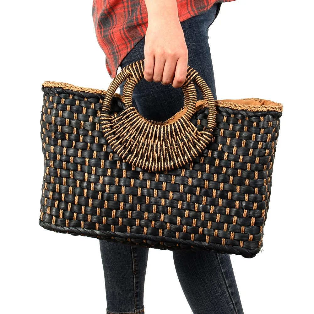 

2019 Hand basket shopping bag Black color Bali Island Hand Woven Bag Butterfly buckle Straw Bags Satchel Wind Bohemia Beach Bag
