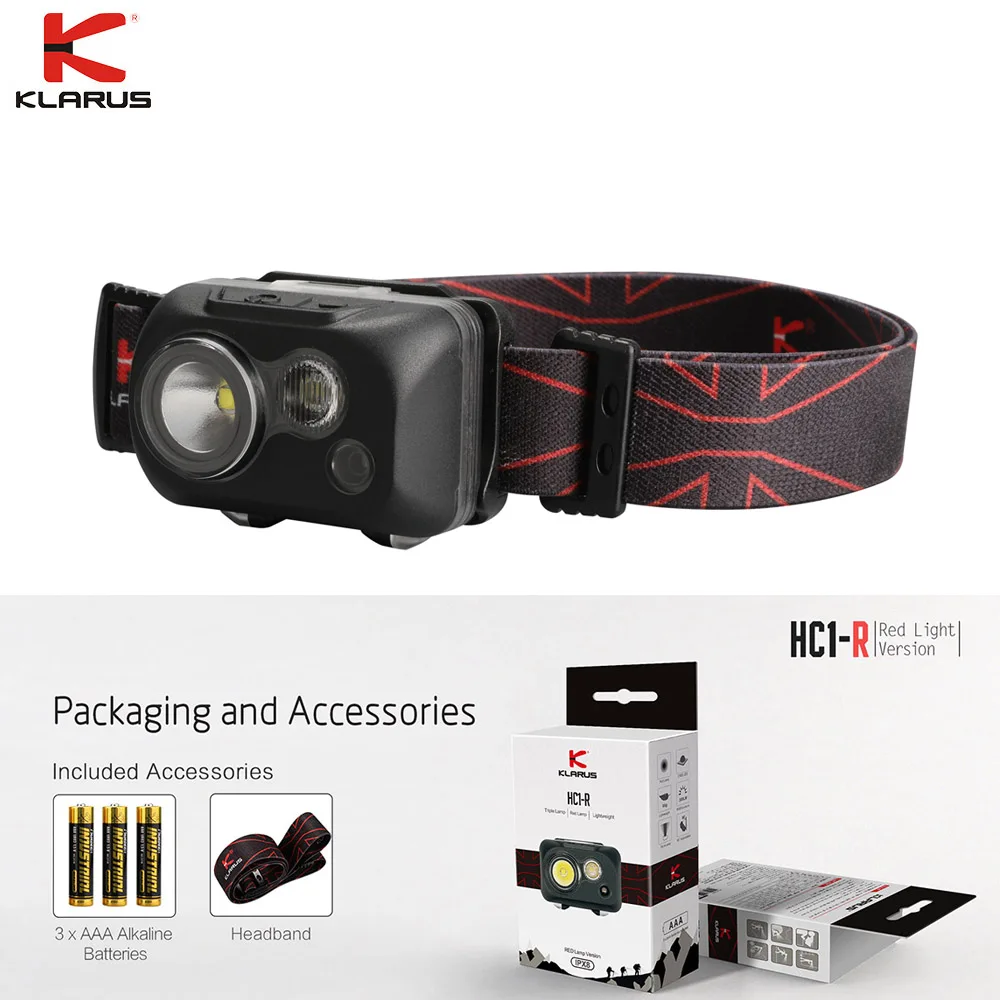 

New Klarus HC1-S Headlight Dual color 3-LEDs Headlamp max 300 lumen White Red Head Lamp with Headband 3 AAA Alkaline Battery