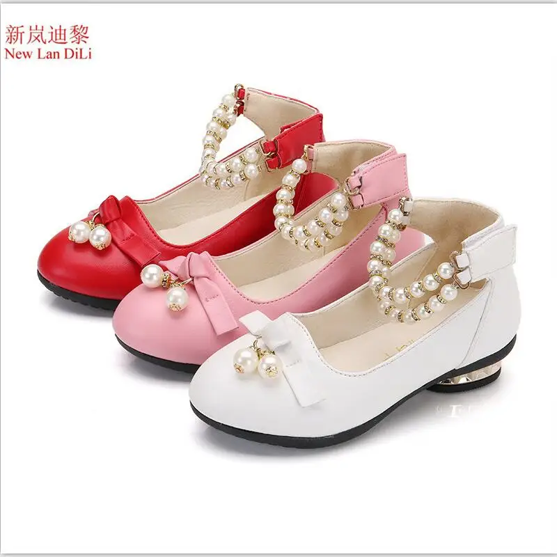 Girls Party Wedding Beaded Shoes Flat Breathable Leather Dress Kids