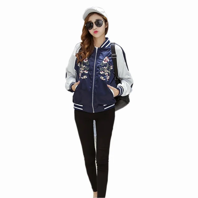 New Harajuku Flower Embroidered Jacket Women Bomber Jackets Contrast