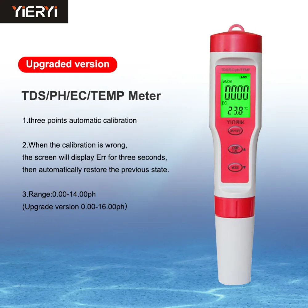 

4in 1 PH/TDS/EC/Temperature Meter Digital Water Quality Monitor Tester for Pools, Drinking Water, Aquariums