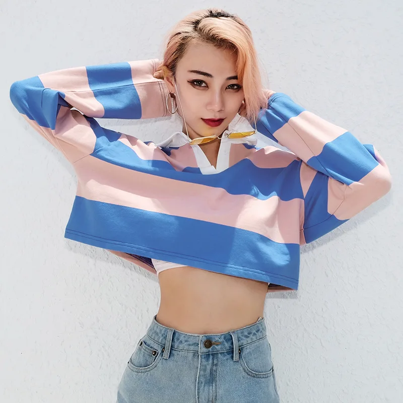

Harajuku Women Casual Blue Pink Stripe T Shirt for Girls Autumn Female Shirt Long Sleeved Ladies T-shirts Woman Tops Feminine