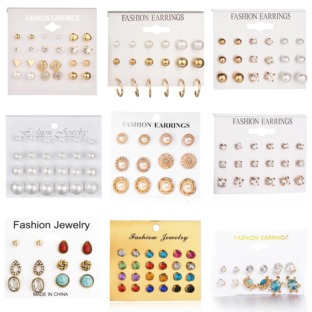 

12/24/32 pcs Heart Flowers Moon Geometric Stud Earrings Set Rhinestone imitation Pearl Earrings for Women Wedding Bride Jewelry