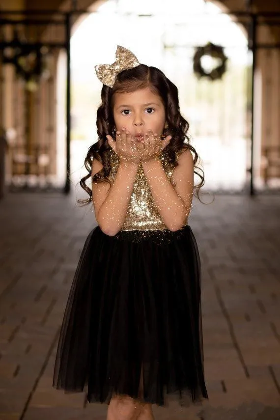 Черное, золотое, с блестками, Тюлевое платье с цветочным узором для девочек на свадьбу, длина до колена, милое детское праздничное платье для дня рождения, детское Пышное Платье