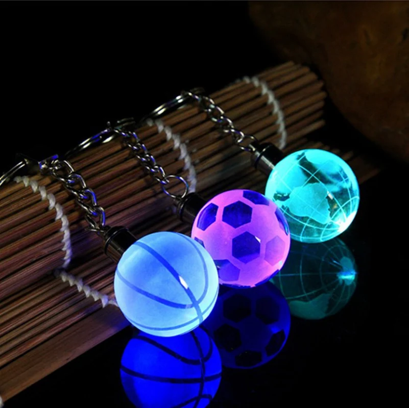 

New Crystal Led Light Keychain Car Key Chain Key Ring Football Basketball Earth Ball Pendant Keyring For Favorite Sportsman Gift