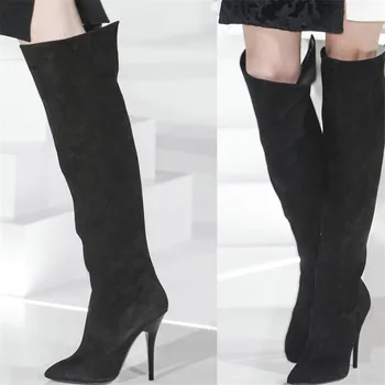 

2018 Fall Winter Women High Heeled Knee-High Boots Sexy Solid Suede Pointy Toe Stilettos Botas Mujer Fashion Catwalk Shoes Women