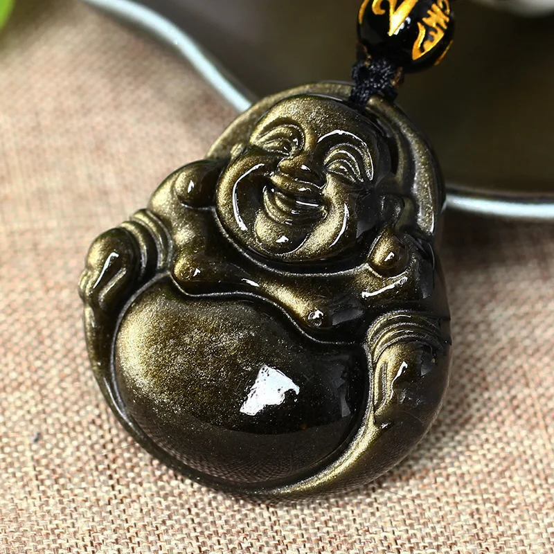 Natural Stone Men Pendant Obsidian Gold Big Belly Laughing Buddha Long Wholesale Pendant Jewelry Necklace For Women