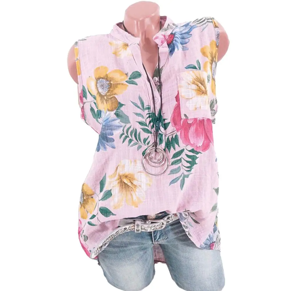 Fashion Summer Plus Size Flower Leaves Print Women Stand Collar Sleeveless Tank Top Vest | Женская одежда