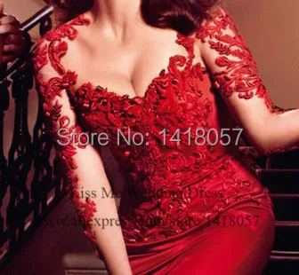 Sexy Red Lace Evening Dresses Long Sleeves Transparent Formal Vestidos Special Occasion Gowns 2015 Side Split LW087