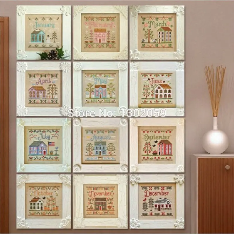 

Available High Quality Embroidery Package Cross Stitch Kit House From January To December 16CT/14CT/11CT/9CT