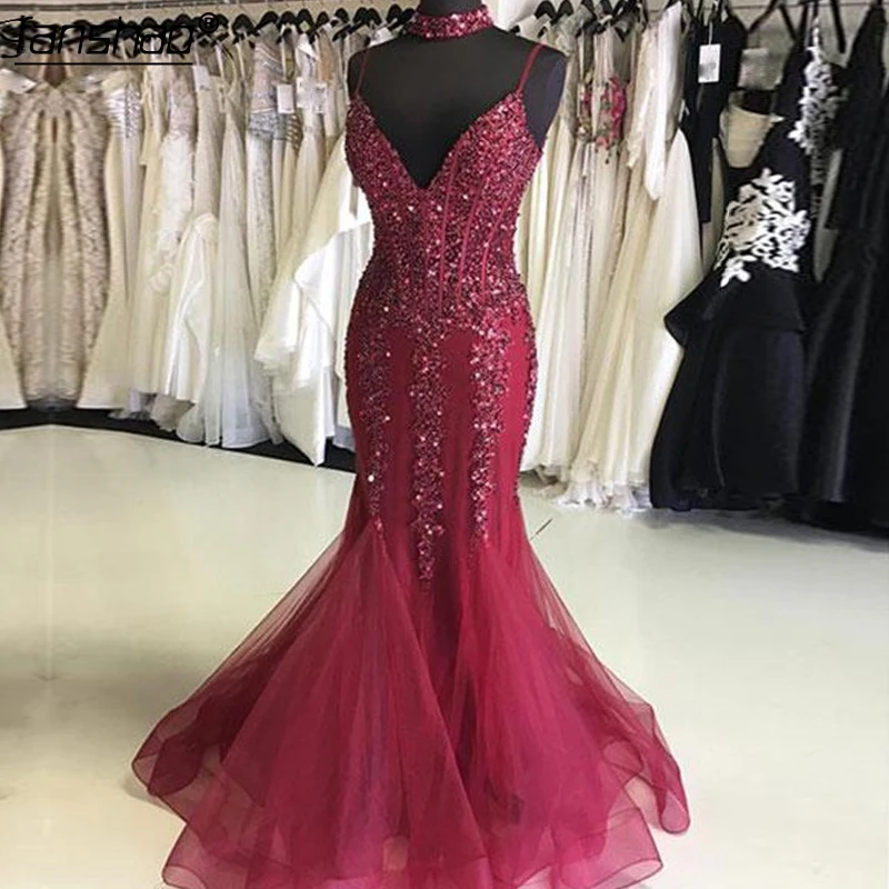 

Burgundy 2019 Prom Dresses Mermaid Spaghetti Straps Tulle Beaded Women Party Maxys Long Prom Gown Evening Dresses Robe De Soiree
