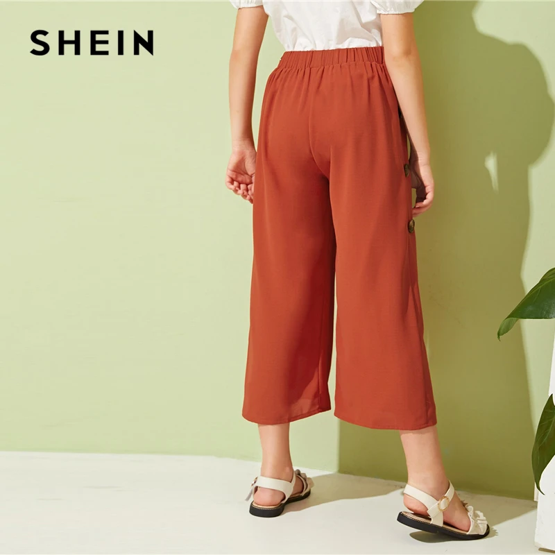 SHEIN Kiddie Girls Solid Button Side Pleated Palazzo Casual Pant Kids Bottom Summer High Waist Teenagers Loose Pants