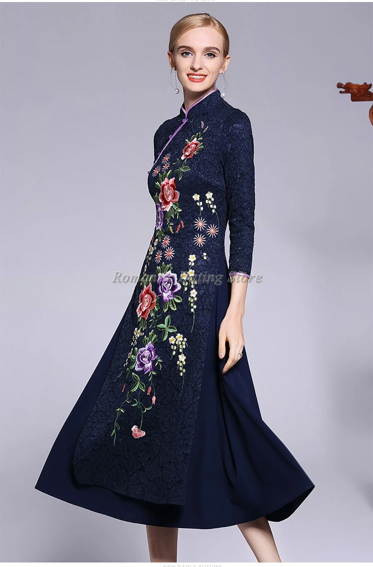 Низкая LUV г-жа Гао качество вышивки cheongsam длинный отрезок Тонкий Фальшивое Болеро кружевное платье в стиле ретро AL19