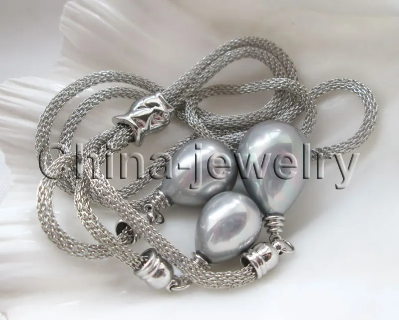 

Beautiful 24" 3bead 15-18-20mm gray drip sea shell pearl necklace