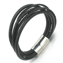 Банкетный черный браслет из натуральной кожи модные геометрические ювелирные изделия из нержавеющей стали Мужской Браслет на магнитной застежке, L152