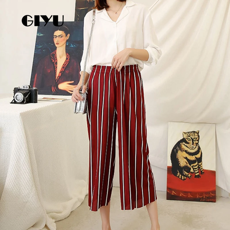 

GIYU Striped Printing Women High Waist Calf-Length Pants Casual Wide Leg Pants Skinny Trousers Feminino vaqueros mujer