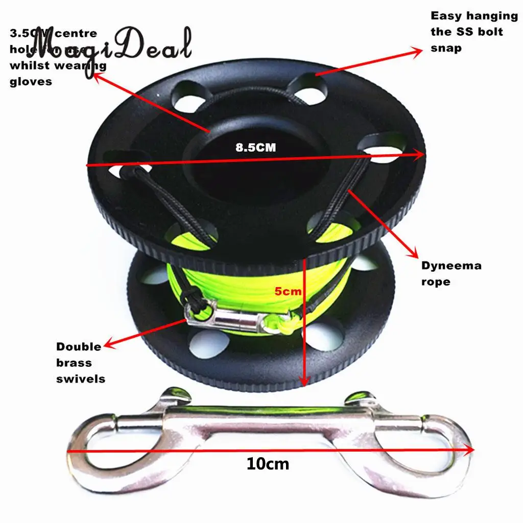 MagiDeal Professional Aluminum Alloy Finger Spool Reel & 30m Line Double End Bolt Snap for Underwater Scuba Diving Applications