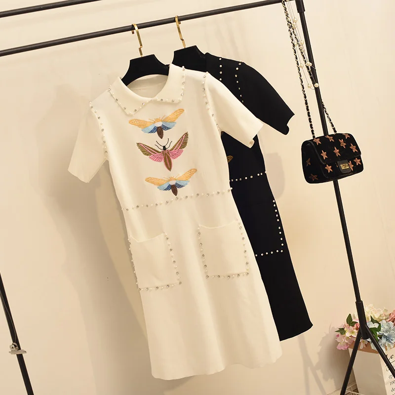 

Summer Knitted Dress Women New Fashion Embroidered Bee Diamond Beaded Dress Girls Ladies Party Evening Party Dresses Vestidos