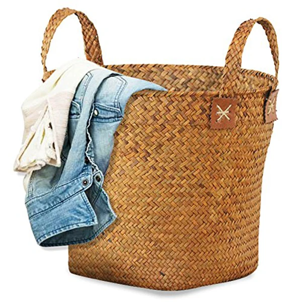 

Natural Round Straw Basket Bin Handmade with Handgrip Orange 33X21X26cm