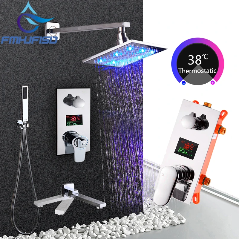 16" Temperature Digital Display Bath Shower Faucets Triple Thermostatic