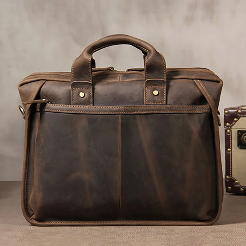Luufan Retro Top Grade Handmade Leather Men Male Briefcase Old Fashion Cowhide Computer Bag With