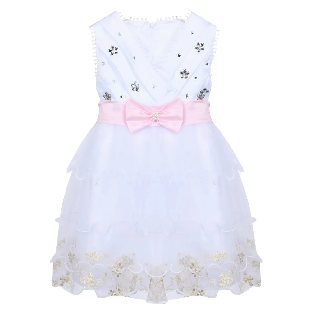 

Girls Dress White Pearl Tulle Layers Wedding Pageant Flower Girl Kids 2017 Summer Princess Party Dresses Size 3-9Y