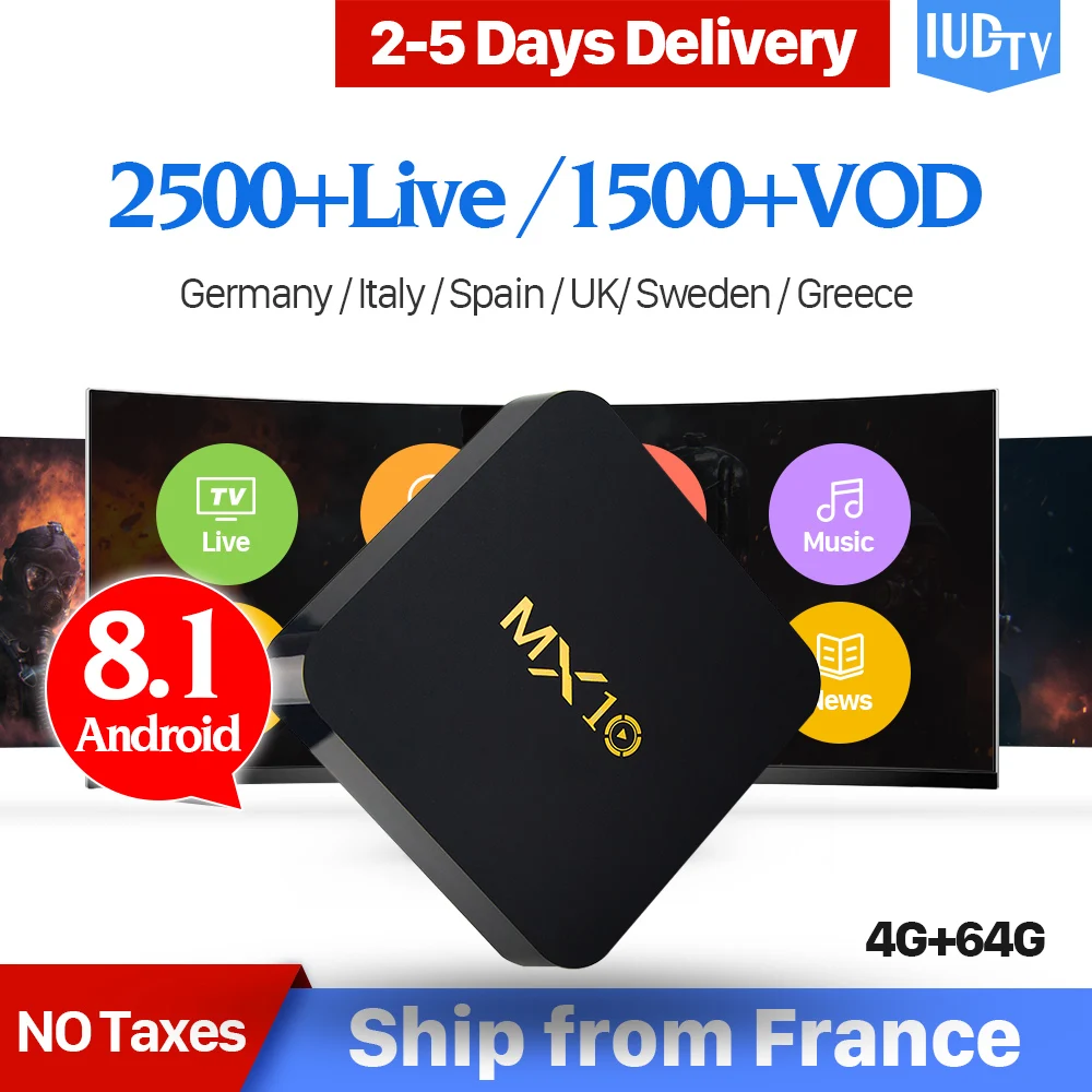 

1 Year IPTV Spain Sweden Germany IP TV Box MX10 RK3328 Android 9.0 4+64G USB3.0 Italy UK Greek Portugal French Turkey IUDTV