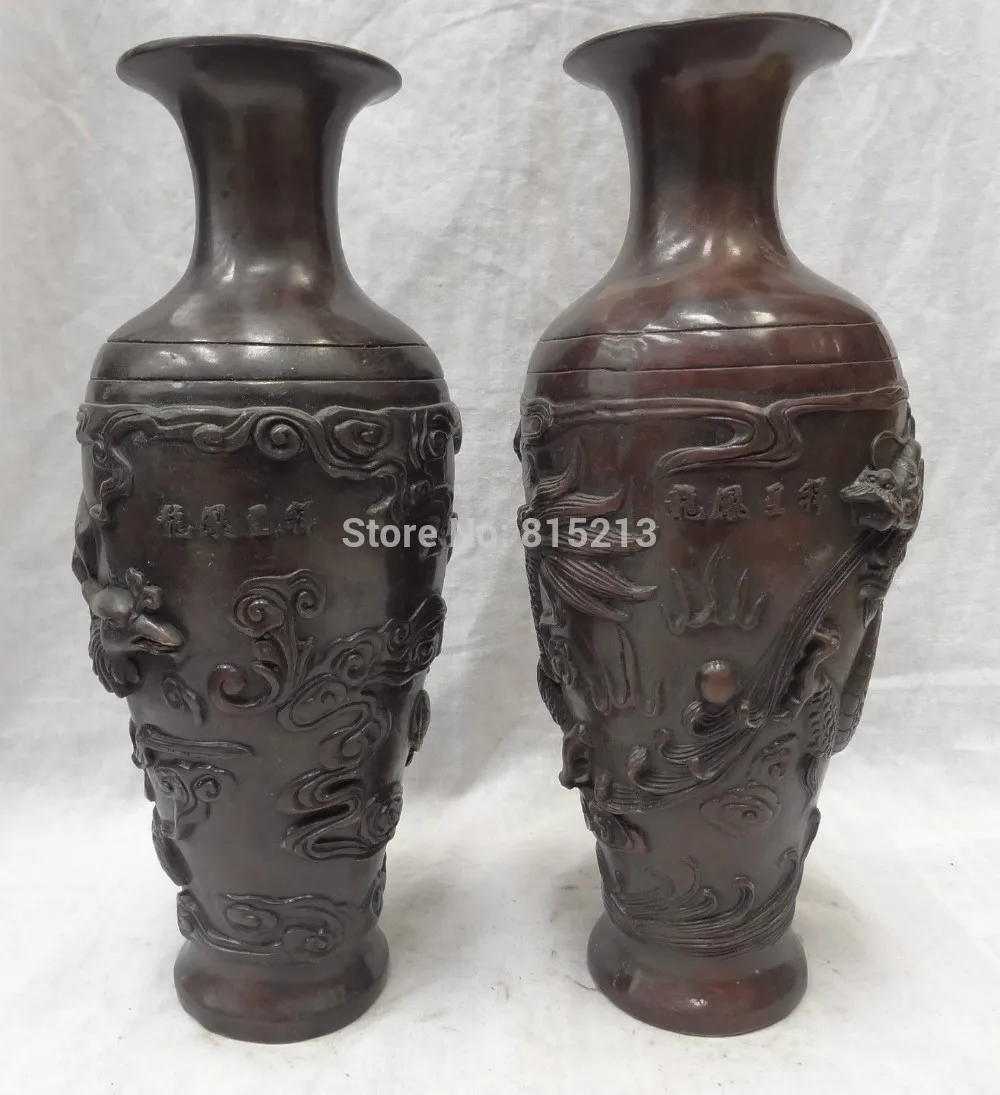 bi001124 11&quot Chinese Bronze Fly Dragon Phoenix Ball Statue Flower Twin Vase Pot Pair | Дом и сад