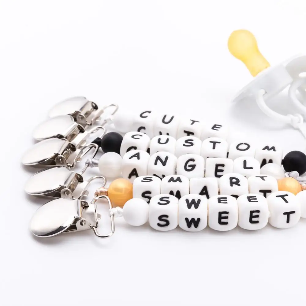 

Baby Teether Personalized Name Baby Pacifier Clips Chain Dummy Clip Nipple Holder Silicone Beads Letter DIY Pacifier Clip Toys