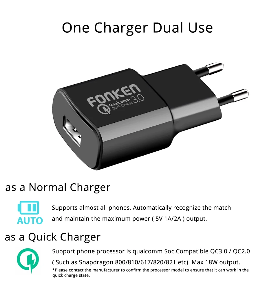 FONKEN Quick Charge 3,0 USB зарядное устройство Быстрая зарядка QC 3,0 2,0 18 Вт с быстрым зарядным кабелем настенный адаптер для мобильного телефона зарядное устройство s