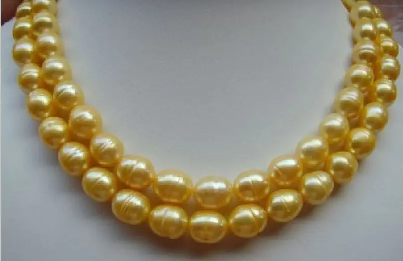 

HOT## Wholesale FREE SHIPPING >>> surprising 2 ROWS 11-13mm south sea golden pearl necklace 14k gold clasp