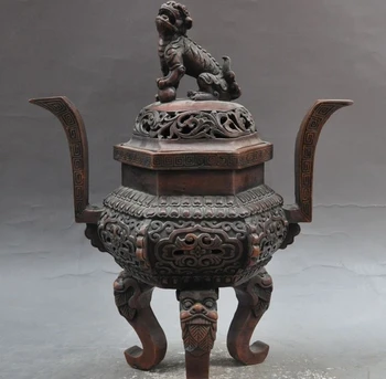

12"mark chinese pure bronze fengshui foo dog dragon statue incense burner Censer