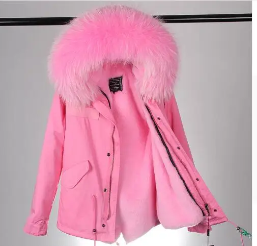 Новинка, Женская куртка на меху, настоящее большое зимнее пальто из меха енота, Женская куртка, пальто с воротником, утолщенная, теплая, с подкладкой из хлопка - Цвет: pink parka pink fur