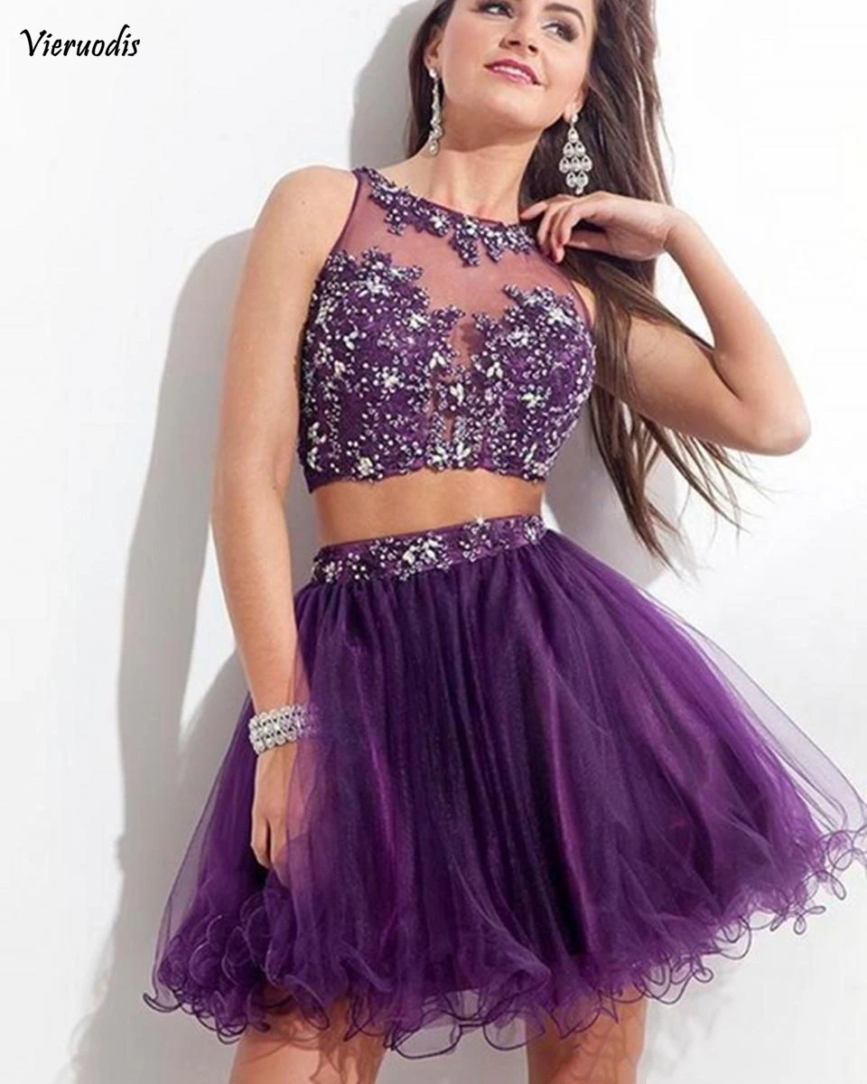 77-1            New Sexy Purple Short Two Pieces Homecoming Dresses 2016 Beaded Crystal Appliques A-Line Prom Cocktail Graduation Gown Q41