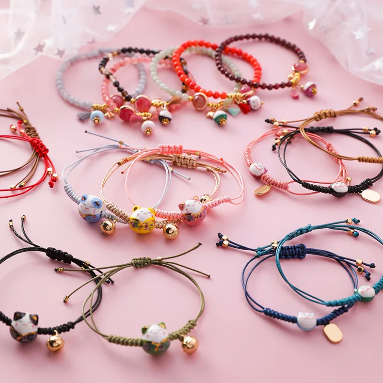 

Ceramic cat Bracelets Bangles For Women Best Friend's Red String Rope Lucky Bracelet With Hand-knitted kitten tassel bracelet