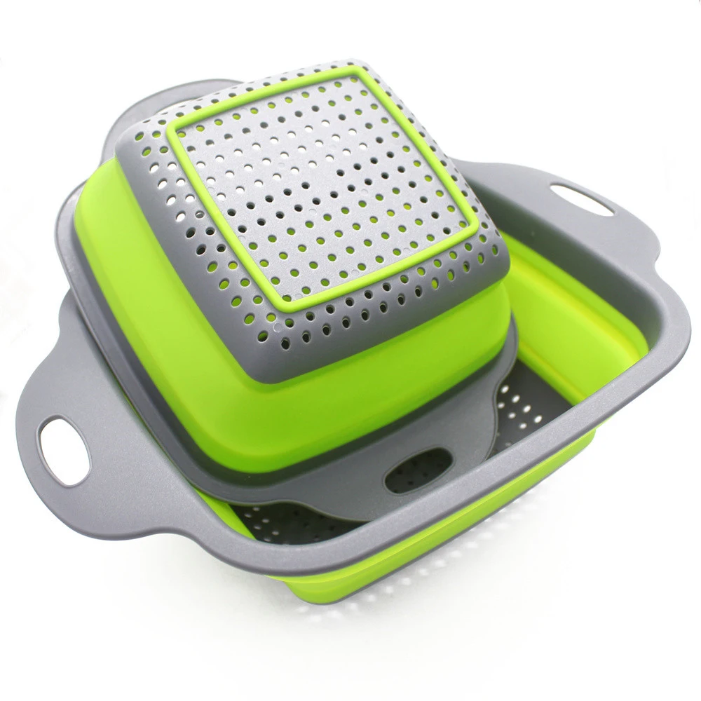 

2 Pieces Collapsible Colanders Set Silicone Kitchen Fruit Vegetable Square Baskets Folding Strainers sifter pot filter