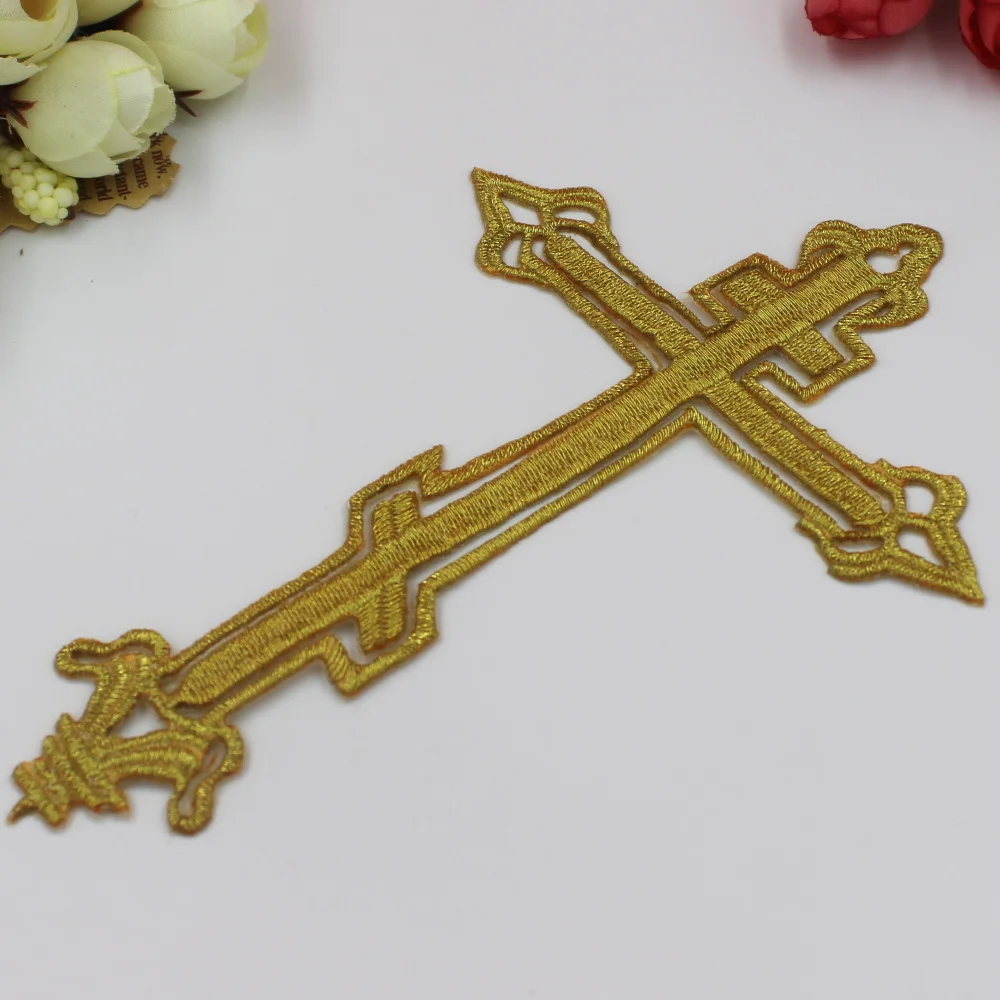 

YACKALASI 5 Pieces/Lot Jesus Cross Patches Small Size Gold Embroidery Appliqued Iron on Patch 15*10cm