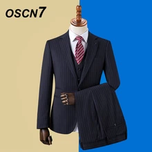OSCN7 Костюмы Под заказ в полоску для мужчин, приталенный костюм для свадебной вечеринки, мужской костюм, модный костюм из 3 предметов, блейзер, брюки, жилет, ZM-583