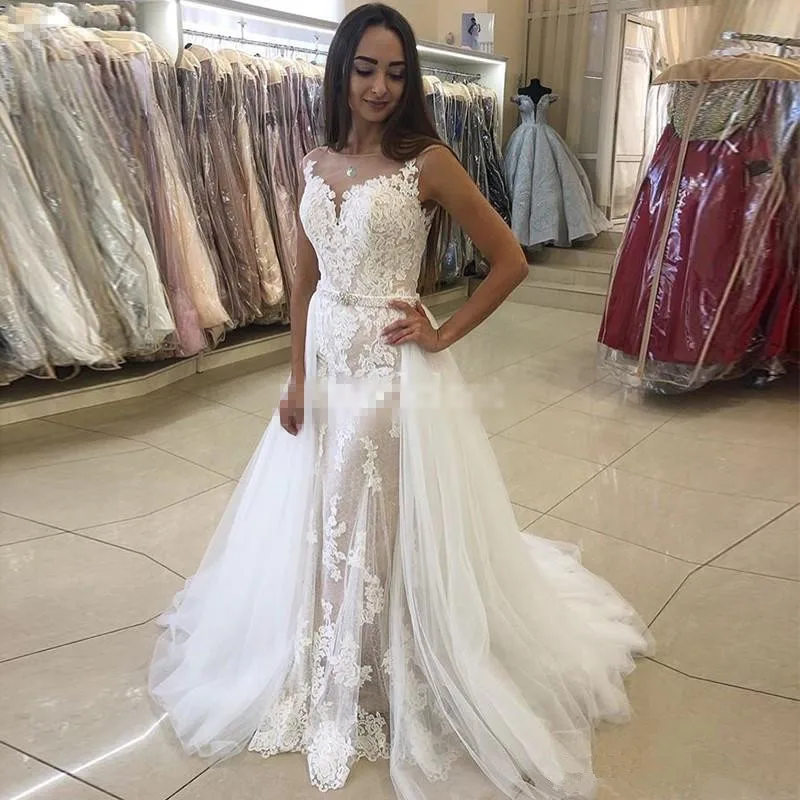 Романтическая мода Русалка Свадебные платья Съемный Поезд robe de mariee Аппликация Кружевное Свадебное платье Чистая Иллюзия платье
