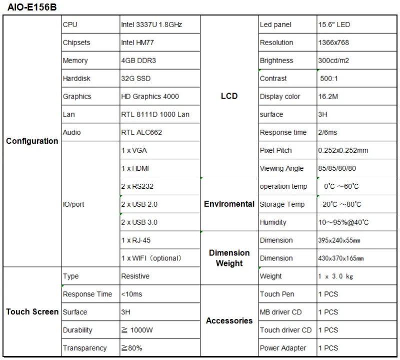 15,6 "индустриальные нотки планшетный ПК с Intel i5-3337U 1,8 ГГц все в одном ПК 4 ГБ DDR3 32 г SSD резистивный сенсорный 1366x768