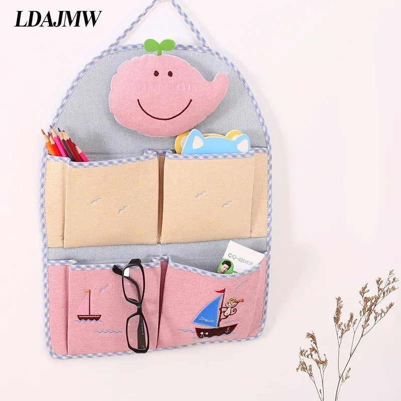 LDAJMW Linen Cartoon Monkey Embroidery 1-4 Pockets Wall Hanging Storage Bag Children Room Organizer Pouch