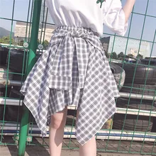 Винтажная Высокая талия карман Бант пояс Сексуальная юбка на шнуровке эластичная высокая талия пляжная Асимметричная Женская юбка клетчатая юбка