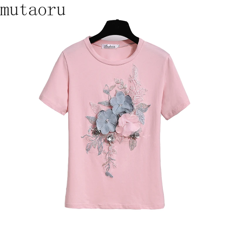 

Summer Embroidery Beads flower t shirts woman T-shirt Female Short-sleeved