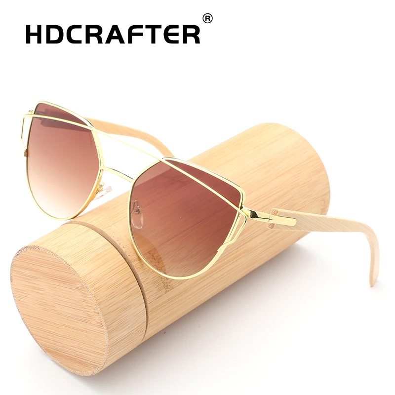 HDCRAFTER bamboo солнцезащитные очки для женщин Кошачий глаз очки сплав деревянная оправа модные зеркальные солнцезащитные очки для женщин бренд дизайнер uv400