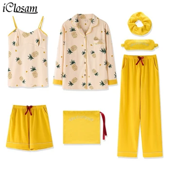 

iClosam Autumn 7 Piece Female Knitted Cotton Pineapple Pajamas Set Long Sleeve Pants Women Pink Strawberry Nightgown Sleepwear