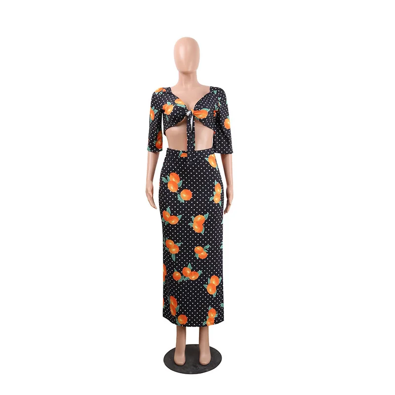 Printed Lace Up Two Piece Dress for Women Short Sleeve Side Split Sexy Long Dress Summer Beach Party High Waist Plus Size Dress